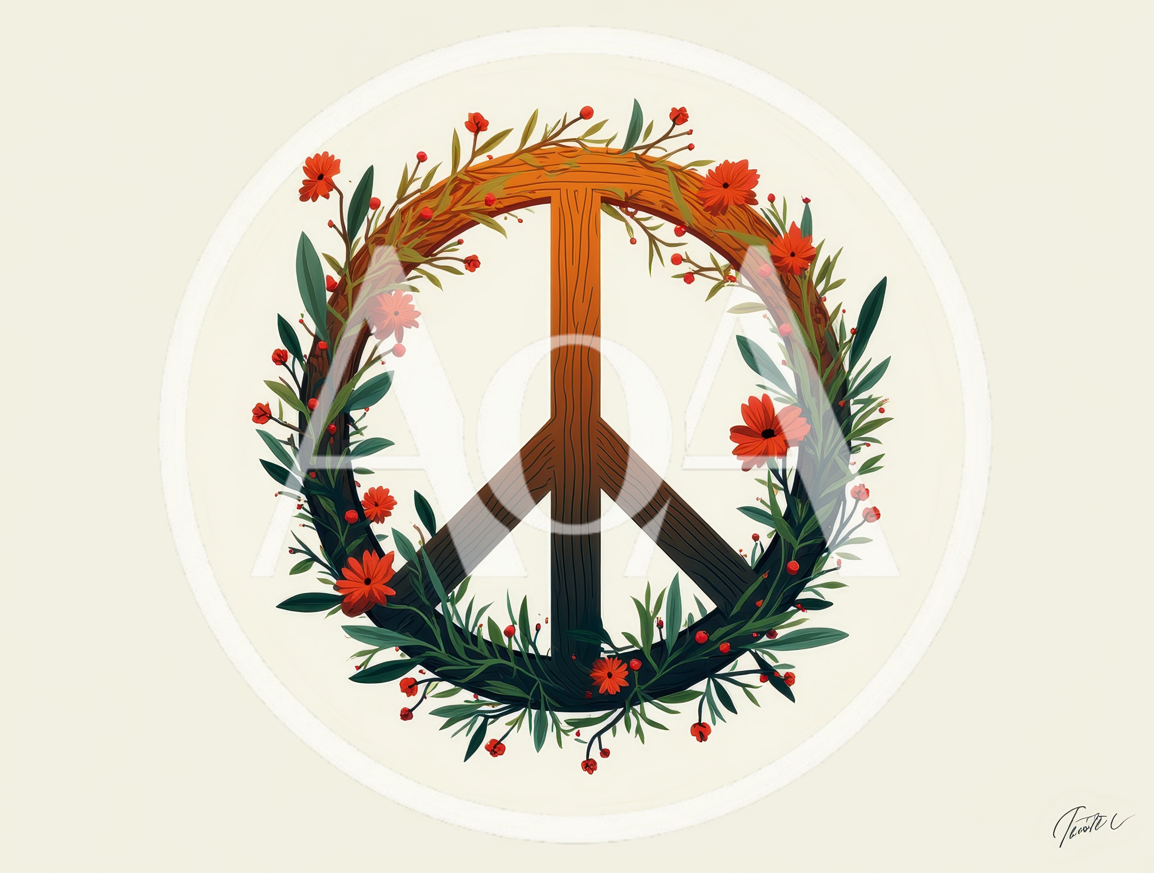 Wooden Peace Symbol Decorated With Flowers And Foliage