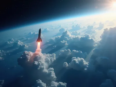 Rocket Launching Through Clouds Into Space