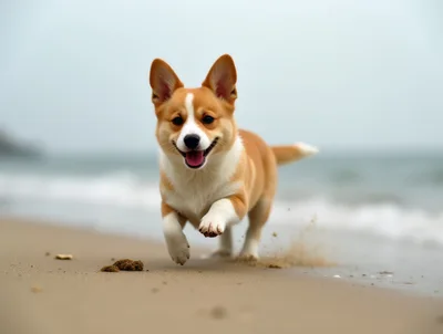 Happy Corgi Puppy Running Along The Sandy Beach