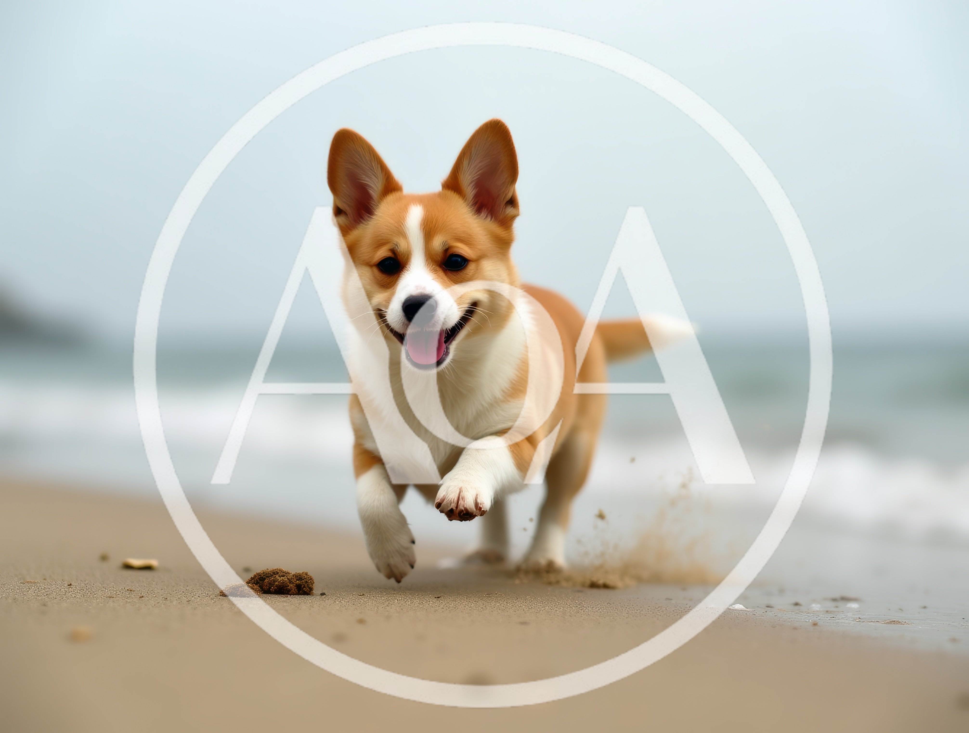Happy Corgi Puppy Running Along The Sandy Beach
