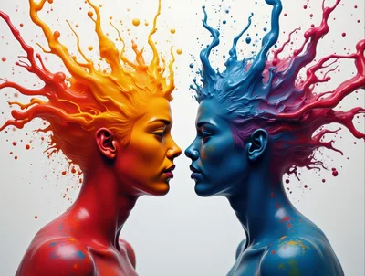 Two Human Profiles With Abstract Liquid Paint Hair