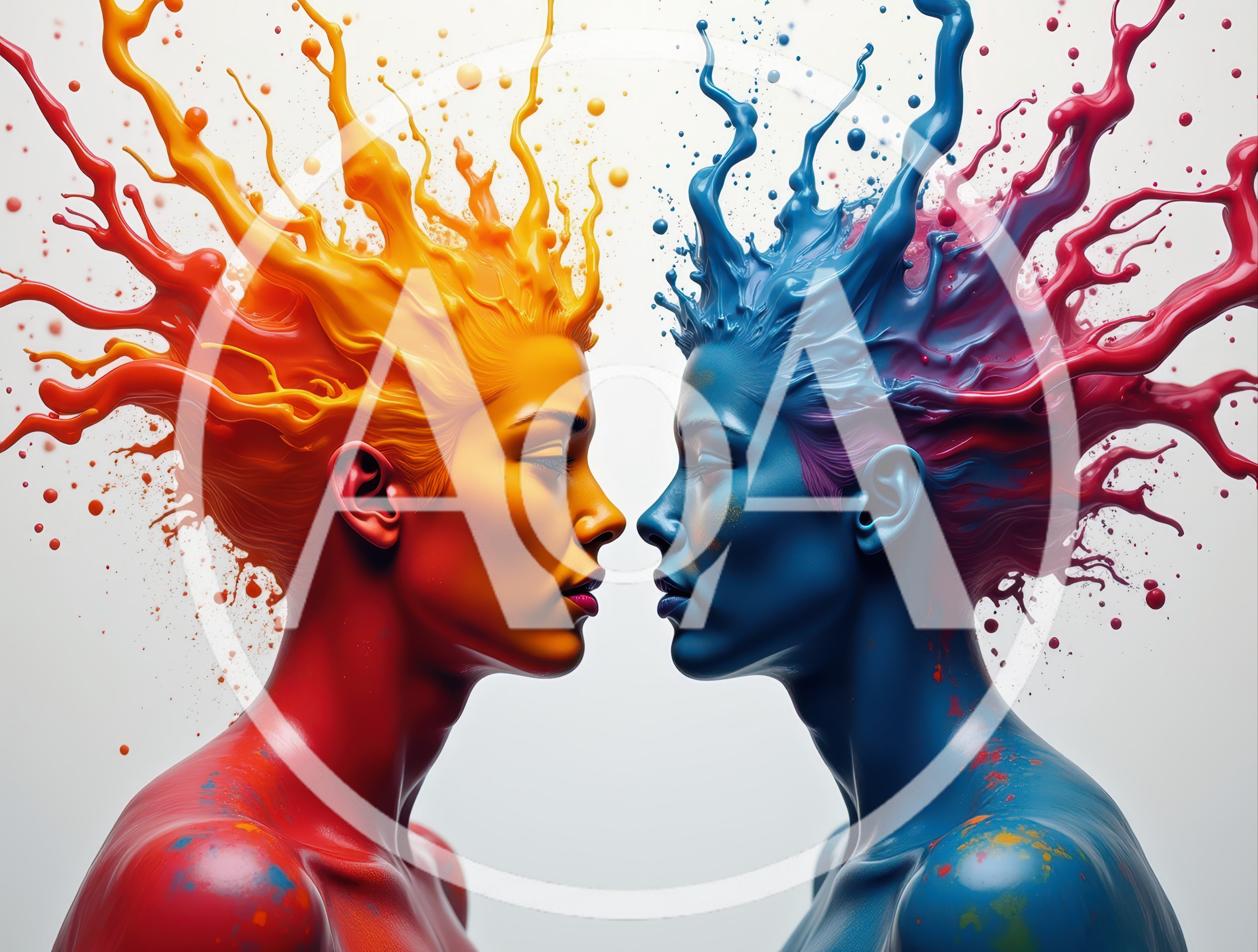 Two Human Profiles With Abstract Liquid Paint Hair