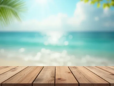 Empty Wooden Table Overlooking A Tropical Beach