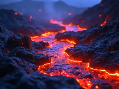 Molten Lava Flowing Through Dark Volcanic Landscape