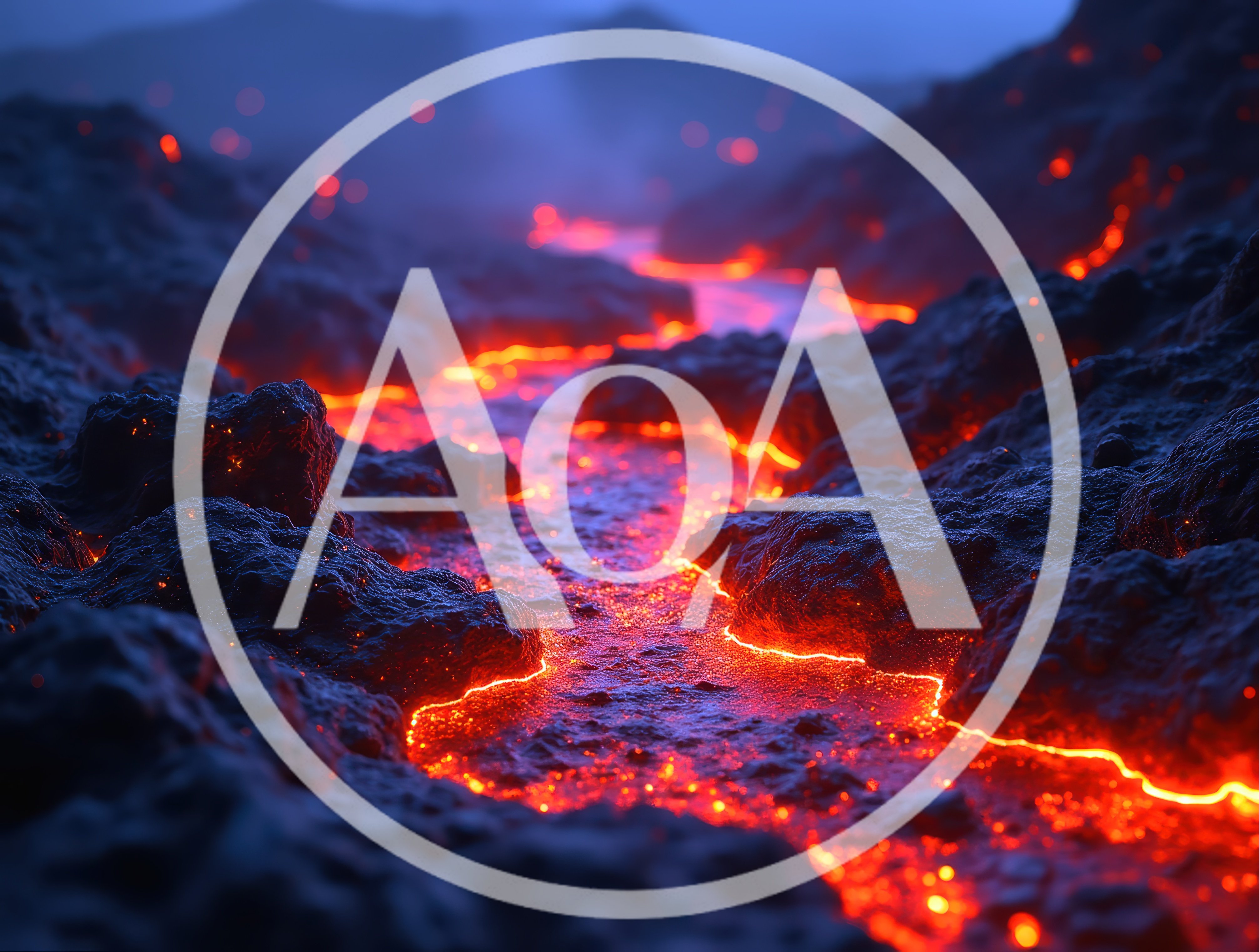 Molten Lava Flowing Through Dark Volcanic Landscape