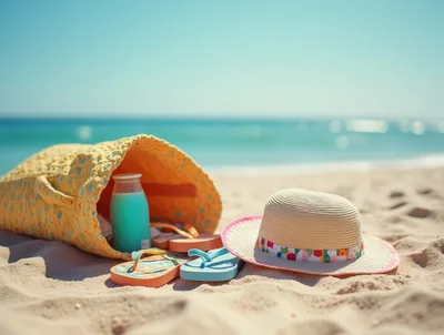 Beach Bag And Sun Hat On Sandy Shore