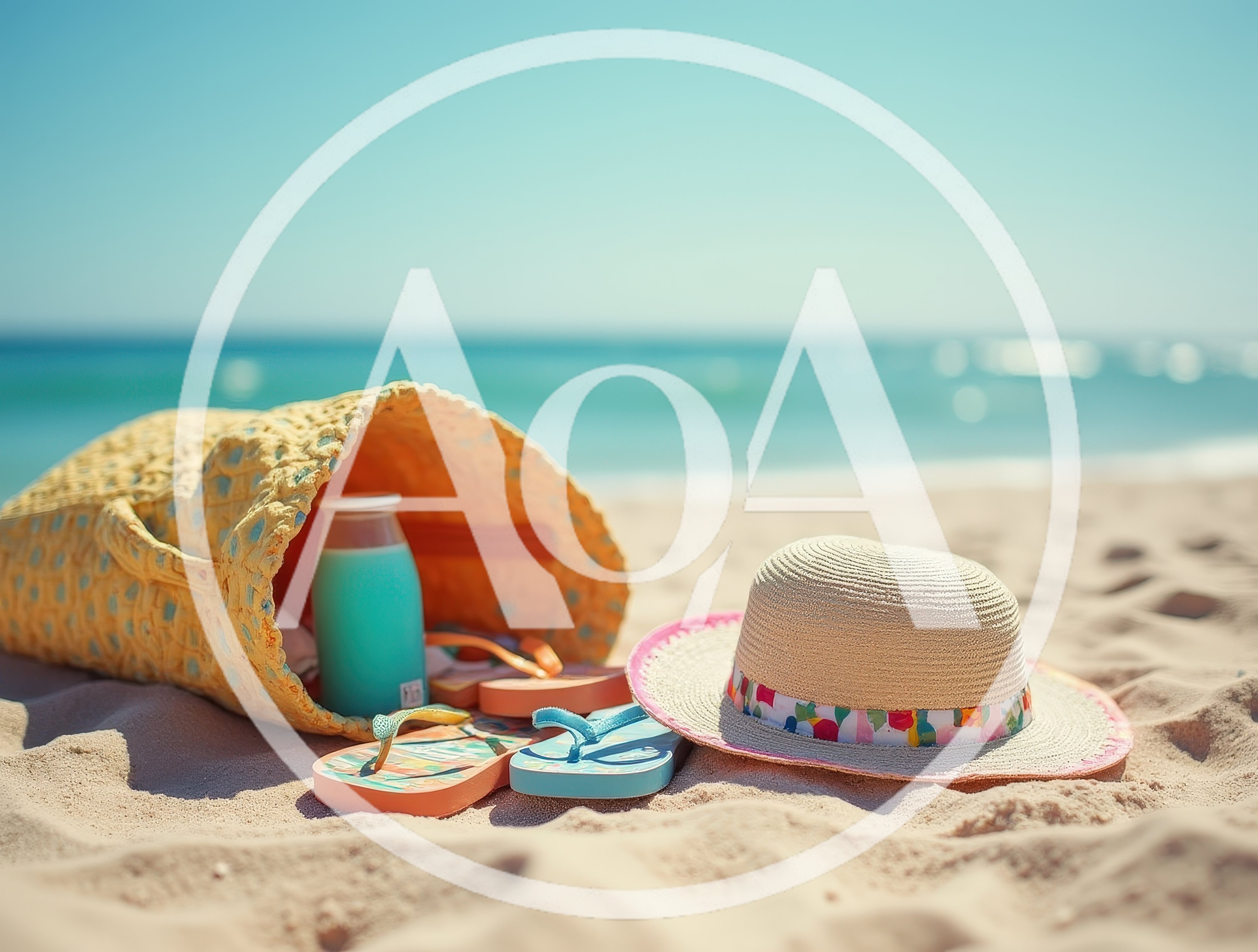 Beach Bag And Sun Hat On Sandy Shore