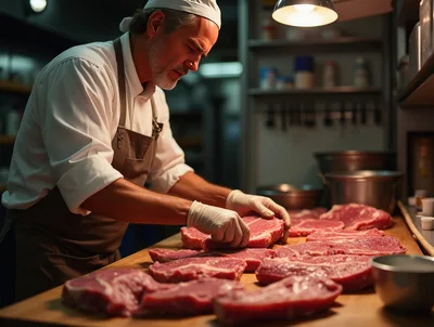 Professional Butcher Preparing Raw Steaks In Commercial Kitchen