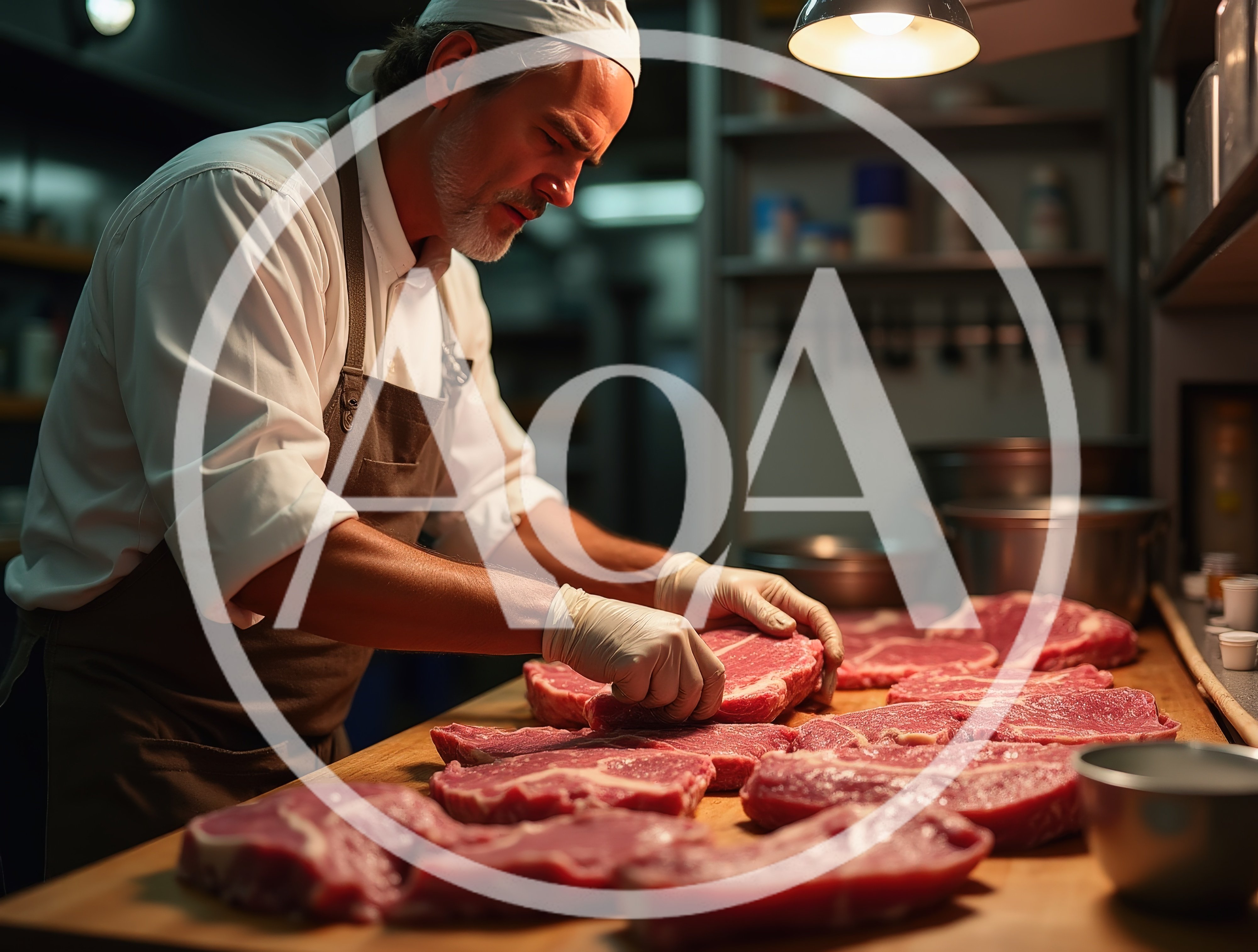 Professional Butcher Preparing Raw Steaks In Commercial Kitchen