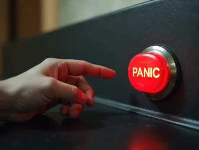 Hand Reaching Toward A Glowing Red Panic Button