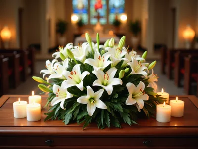 White Easter Lilies Arrangement With Lit Candles