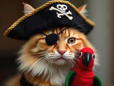 Ginger Cat Dressed As A Pirate With Toy Parrot