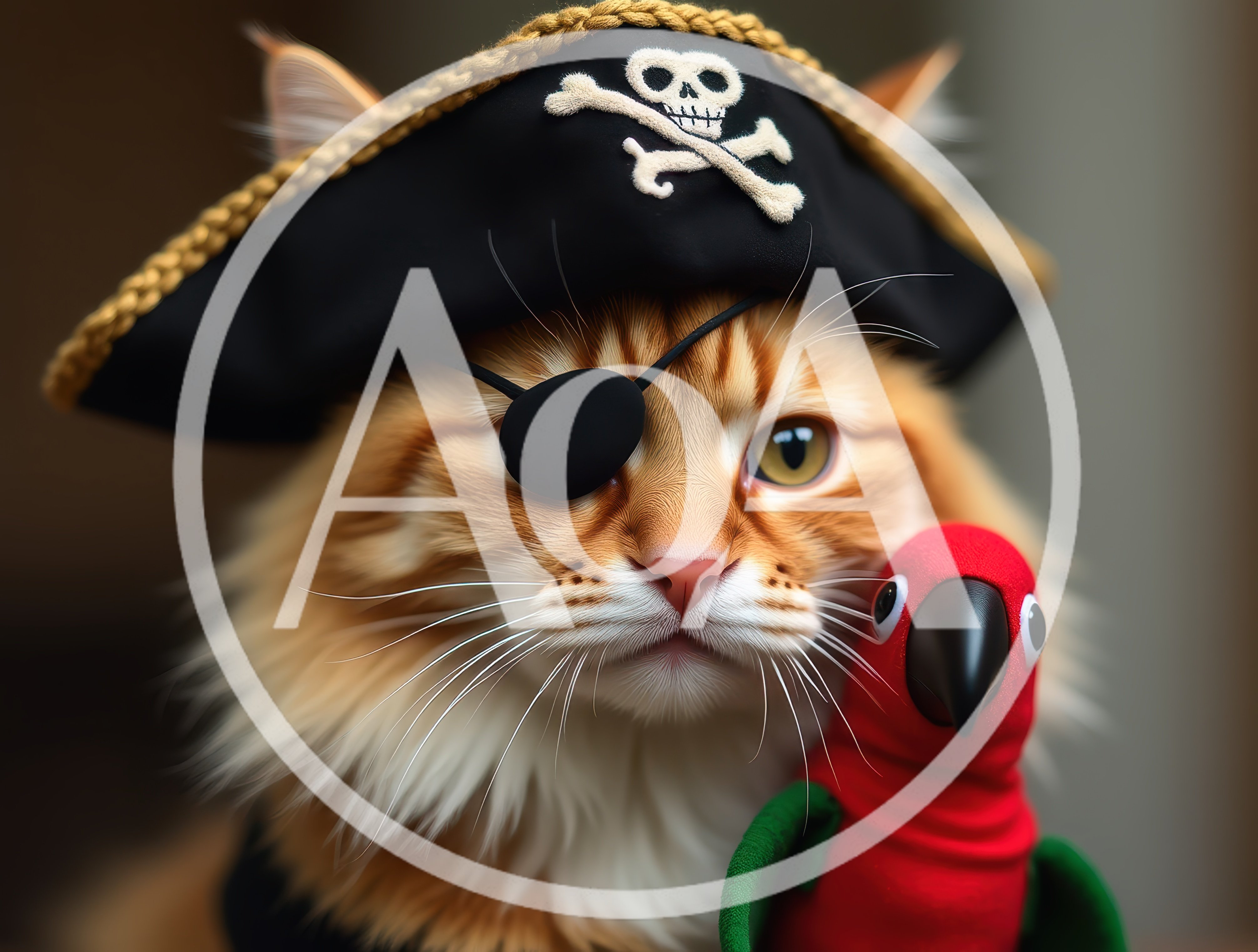 Ginger Cat Dressed As A Pirate With Toy Parrot
