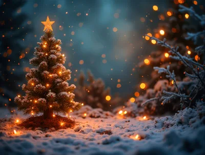 Illuminated Christmas Tree In Snowy Winter Forest