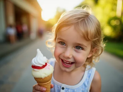 Happy Little Girl Eating Ice Cream Outdoors