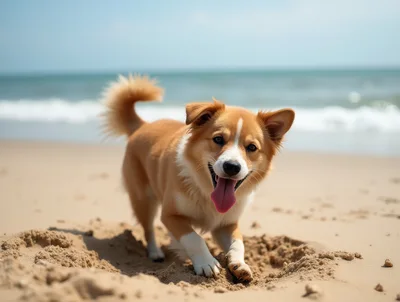 Happy Dog Digging In The Sand At The Beach
