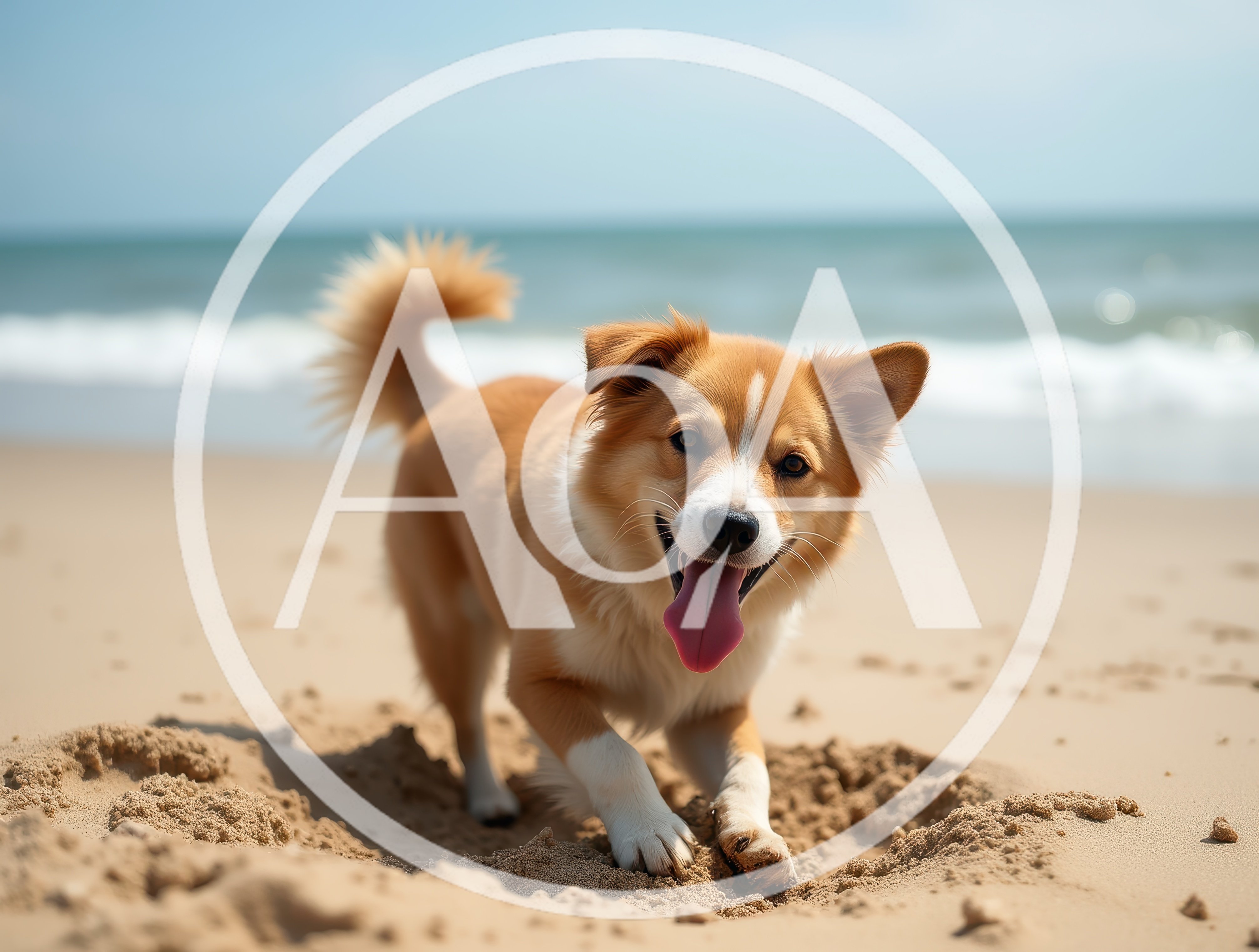 Happy Dog Digging In The Sand At The Beach