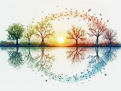 Four Seasons Tree Landscape Reflection Illustration