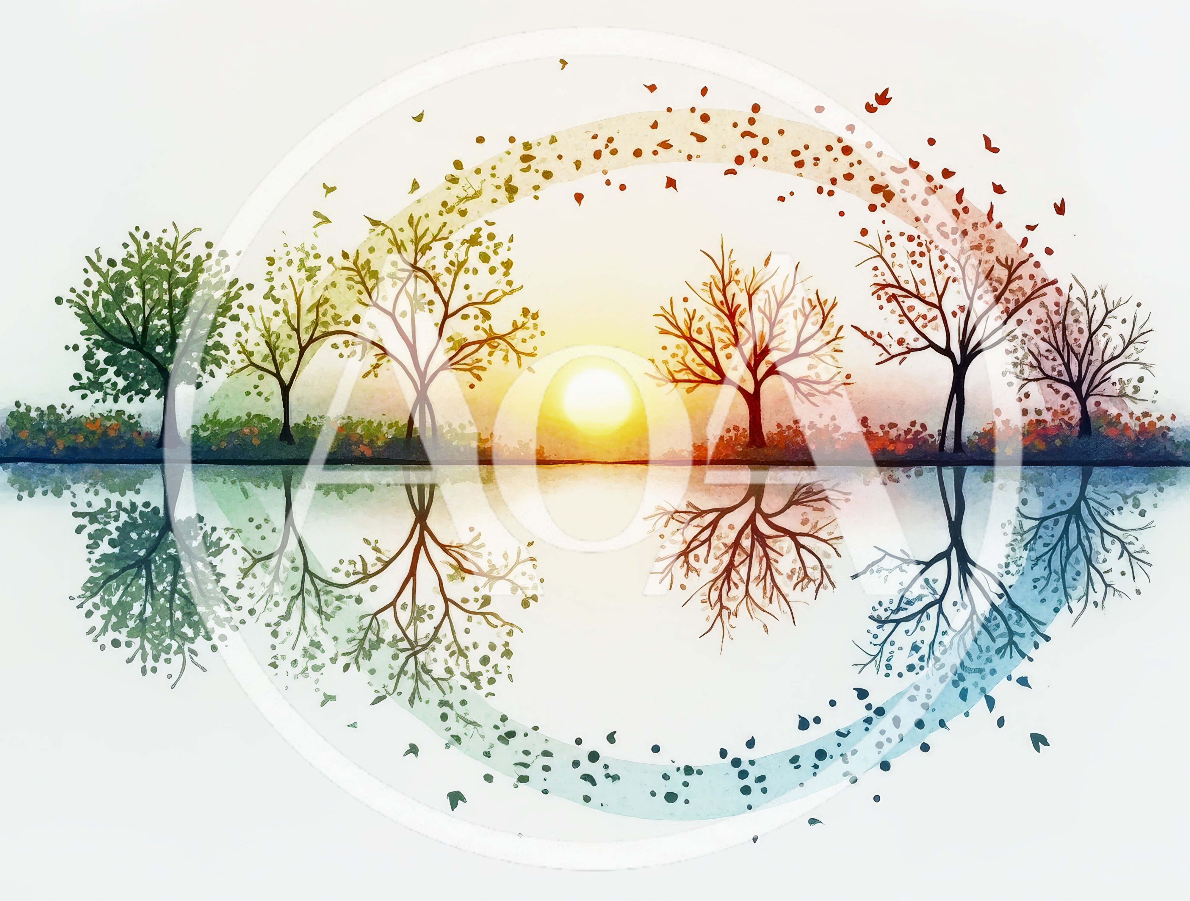 Four Seasons Tree Landscape Reflection Illustration
