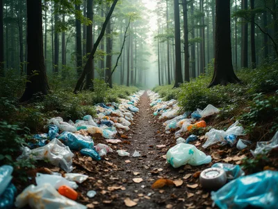 Plastic Waste Polluting A Serene Forest Path