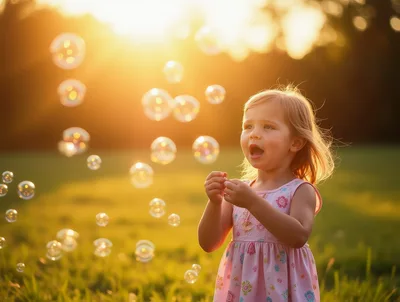 Little Girl Playing With Bubbles In Golden Hour Sunlight