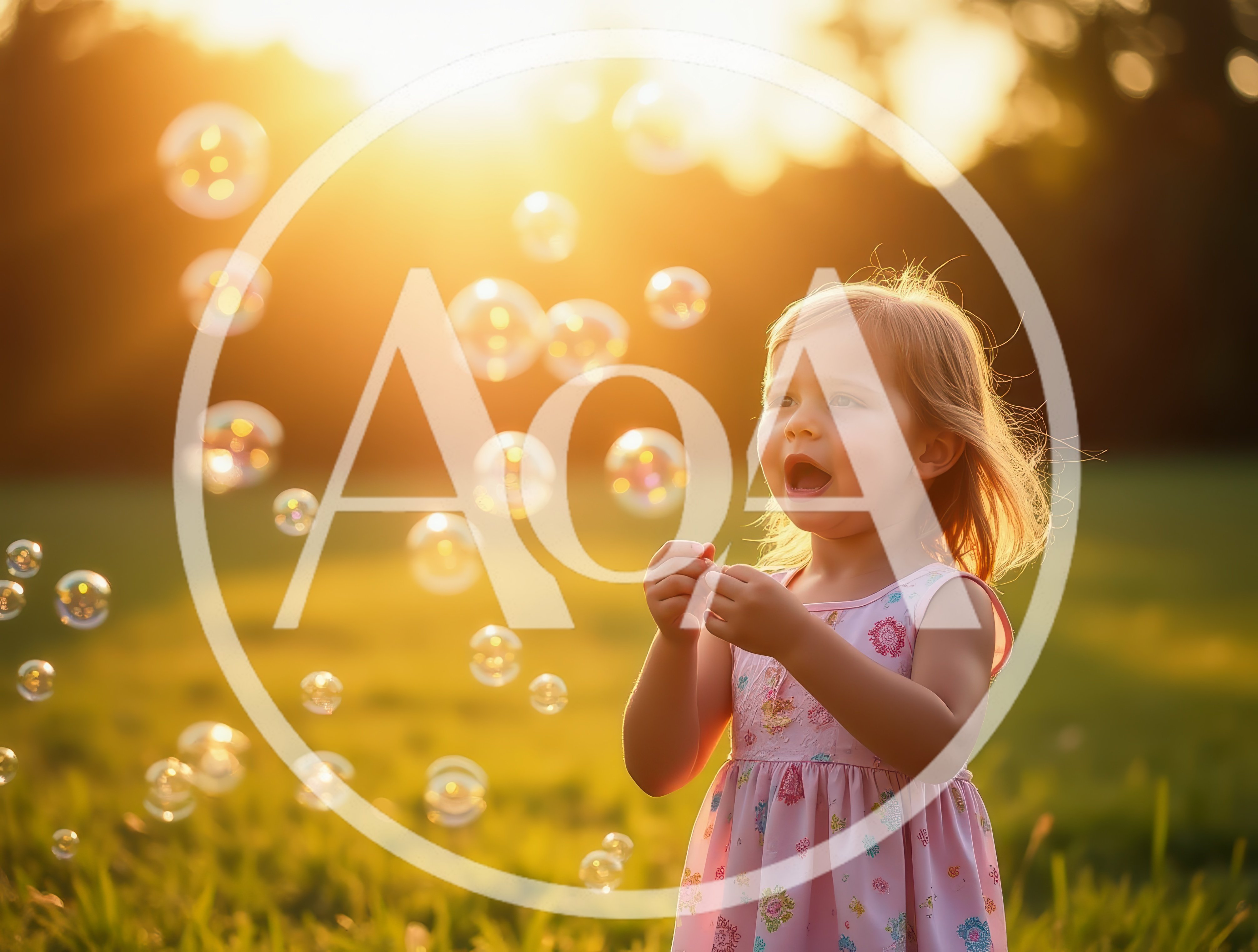 Little Girl Playing With Bubbles In Golden Hour Sunlight