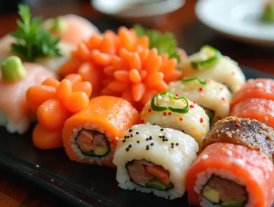 Assorted Sushi Rolls Platter With Decorative Carved Carrots