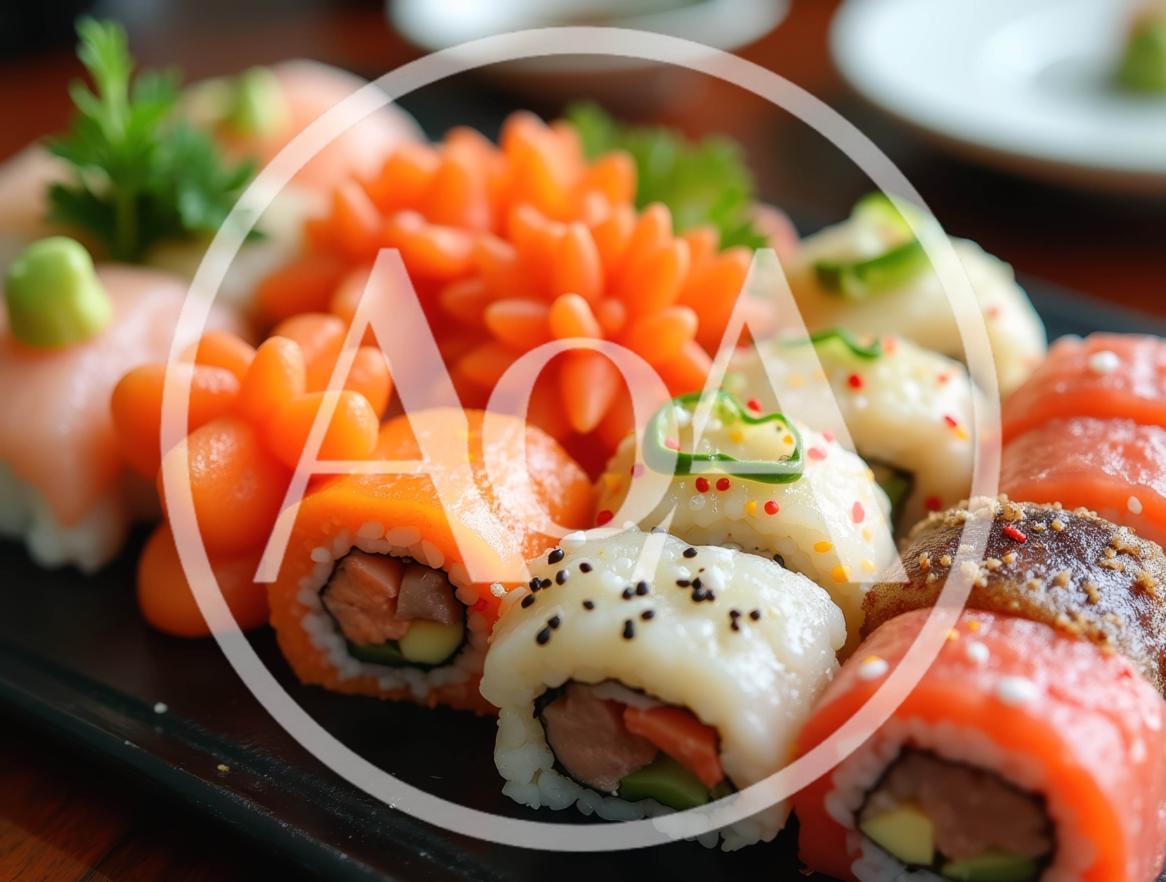 Assorted Sushi Rolls Platter With Decorative Carved Carrots