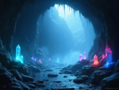 Glowing Crystal Formations Inside A Mystical Blue Cave