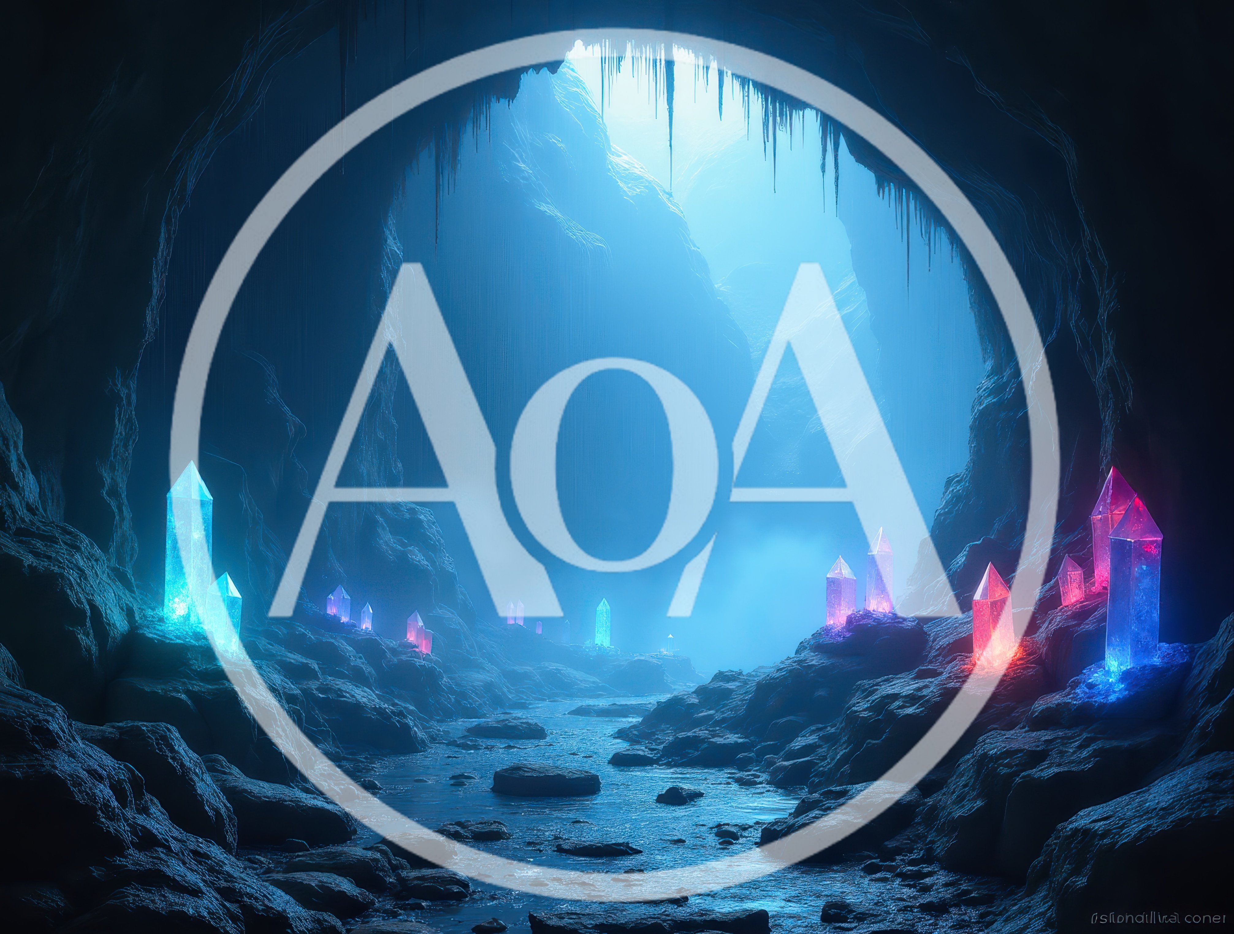 Glowing Crystal Formations Inside A Mystical Blue Cave