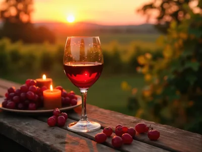 Glass Of Red Wine With Grapes At Sunset