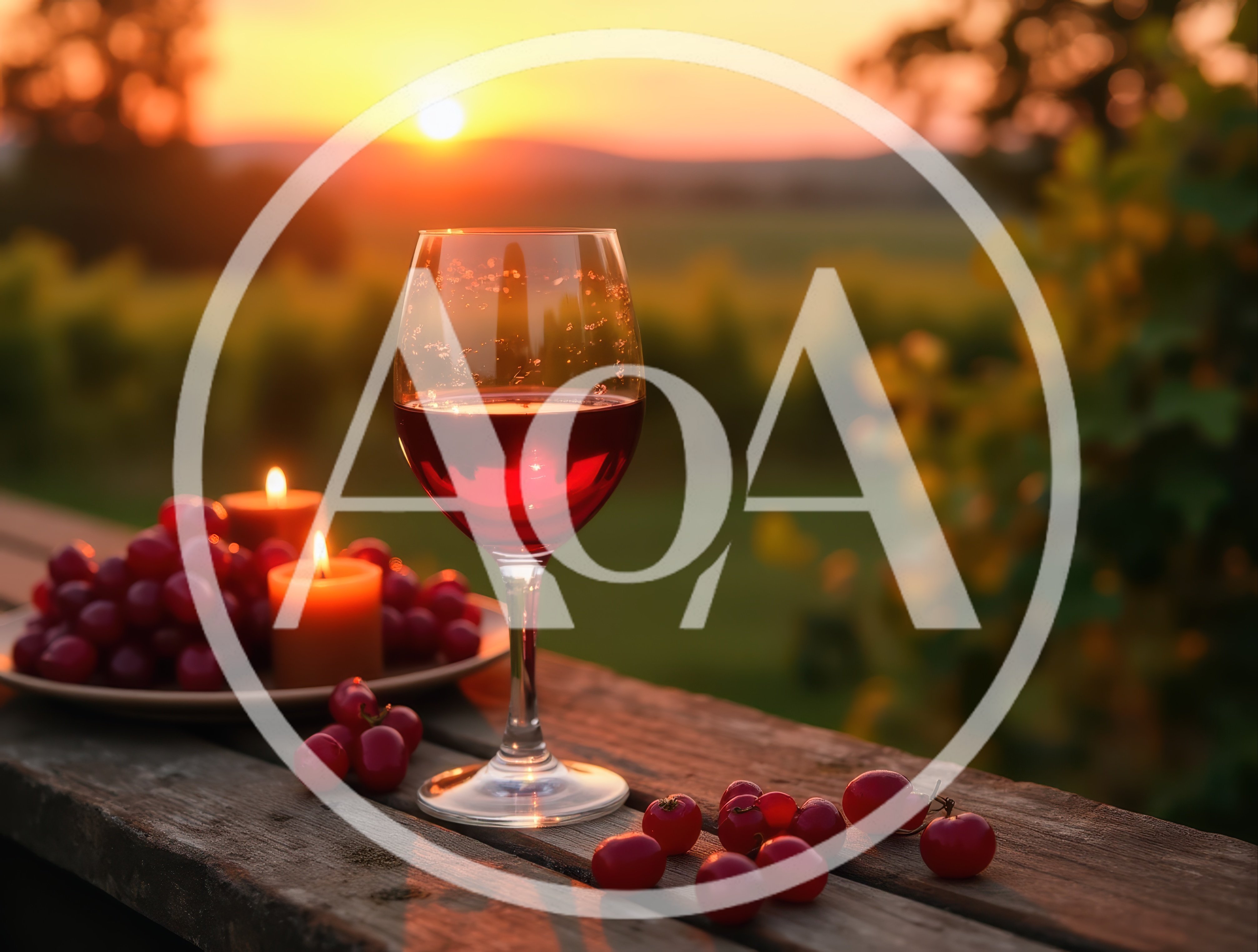 Glass Of Red Wine With Grapes At Sunset
