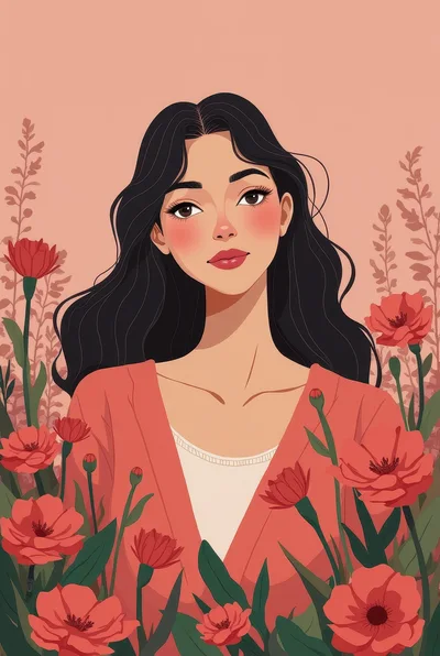 Digital Illustration Of A Young Woman Among Red Flowers