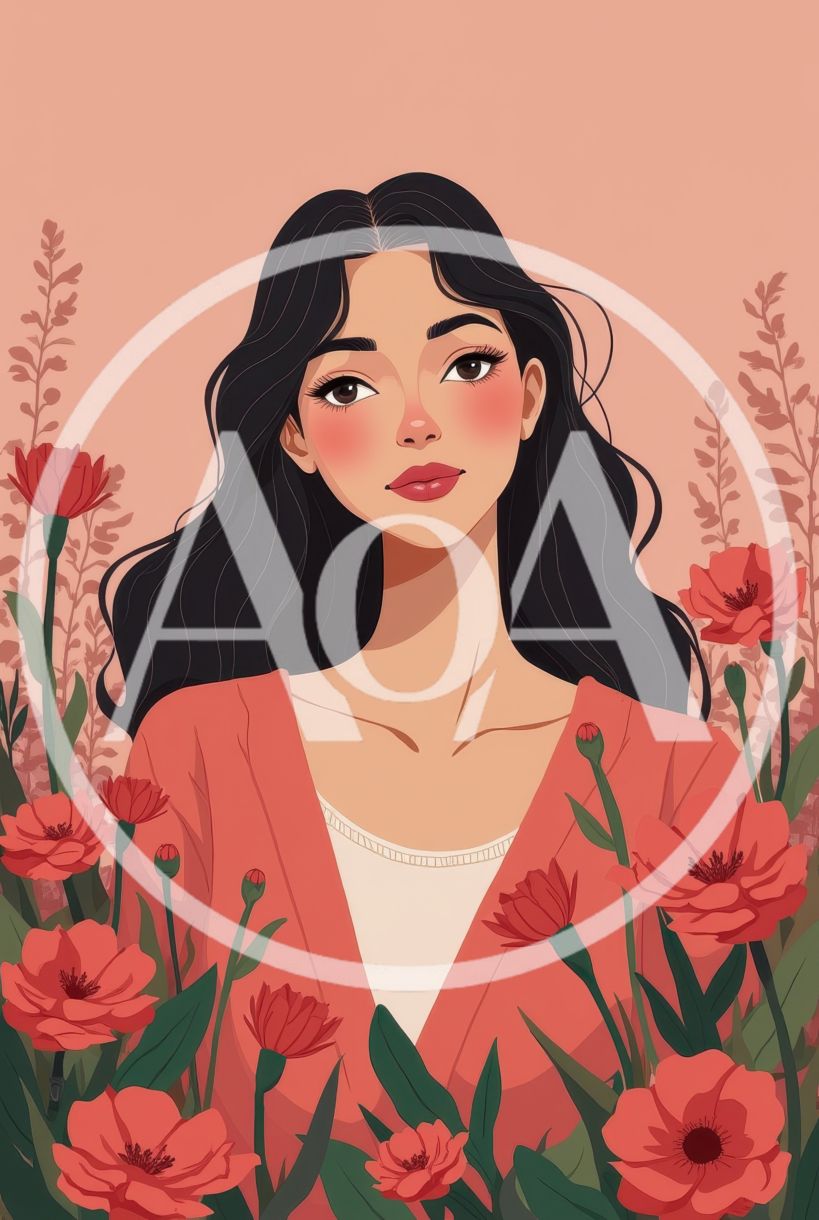 Digital Illustration Of A Young Woman Among Red Flowers