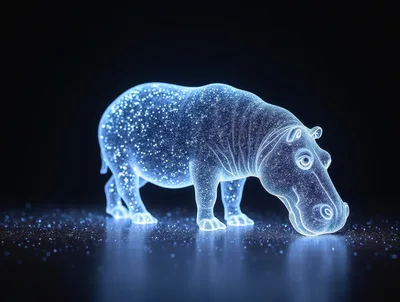 Glowing Holographic Hippopotamus Standing On Dark Reflective Surface