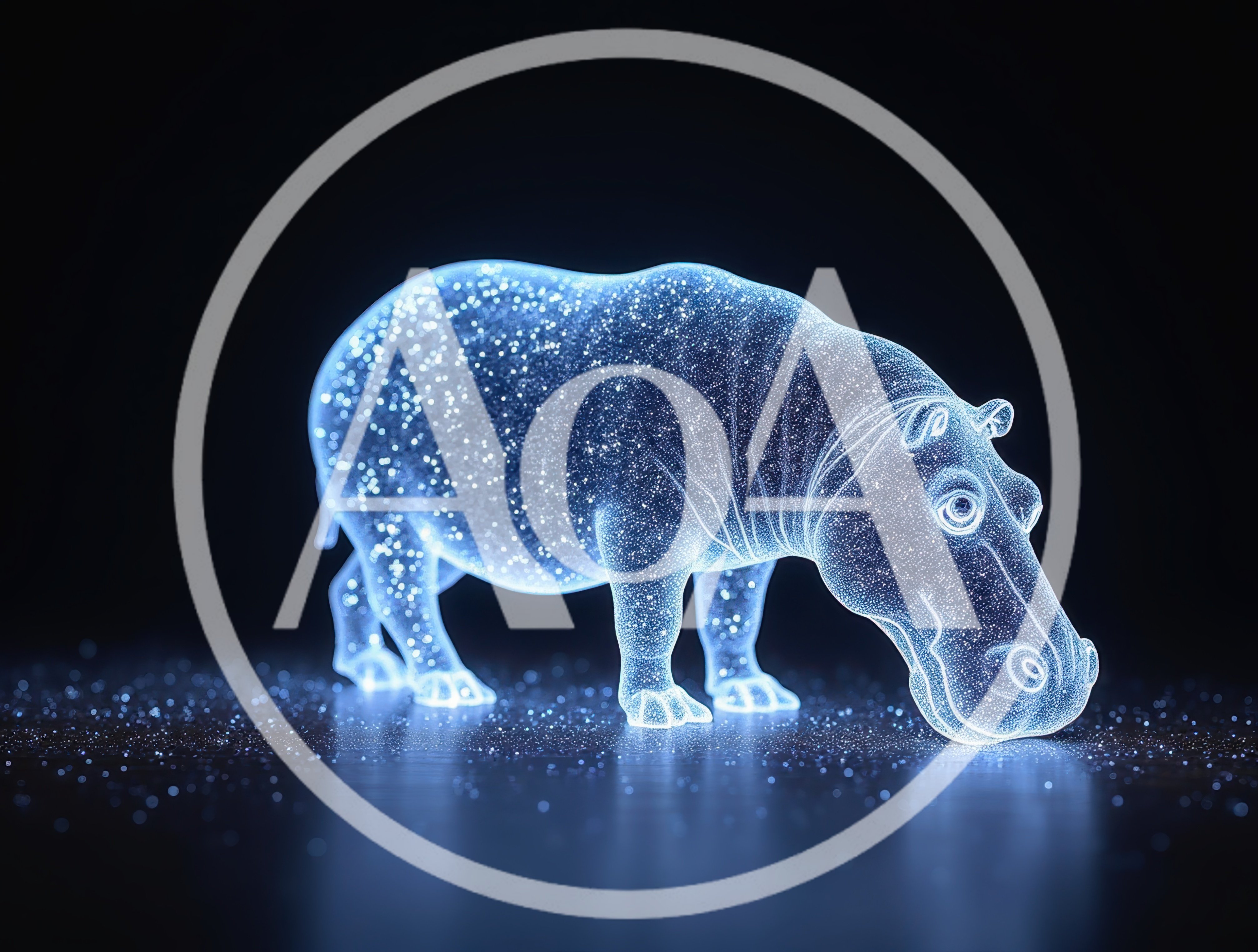 Glowing Holographic Hippopotamus Standing On Dark Reflective Surface