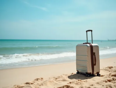 Silver Suitcase Standing Alone On A Sunny Beach