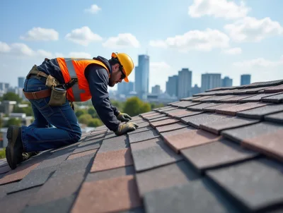 Roofer Installing Asphalt Shingles On Residential Roof