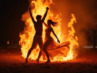 Couple Dancing Silhouetted Against A Large Bonfire
