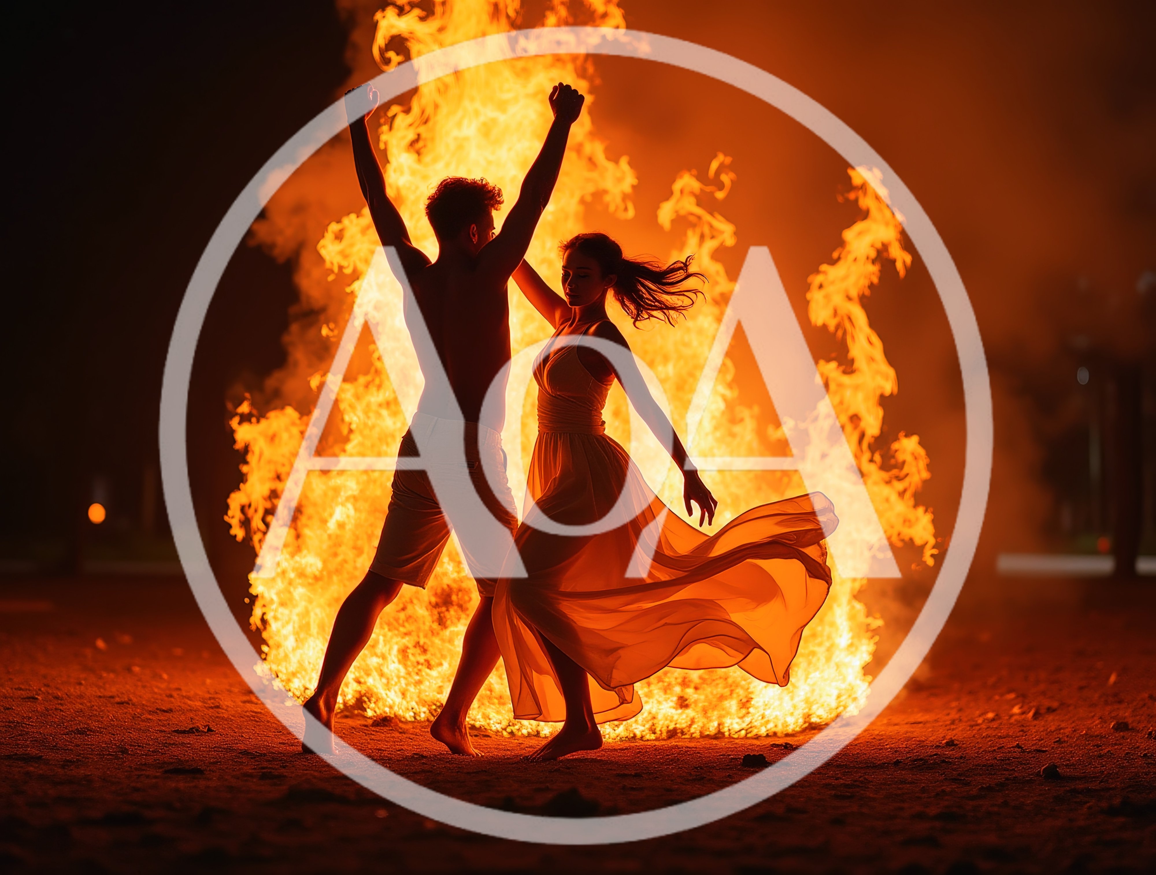 Couple Dancing Silhouetted Against A Large Bonfire