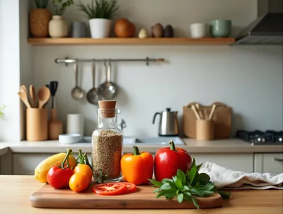 Fresh Vegetables And Grains On A Kitchen Counter