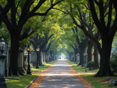 Tree Lined Path Through A Historic Cemetery