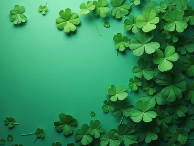 Green Shamrock Leaves Arranged on Solid Background