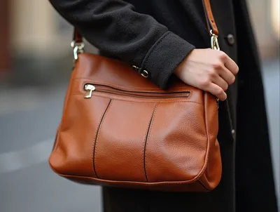 Woman Carrying A Stylish Brown Leather Shoulder Bag