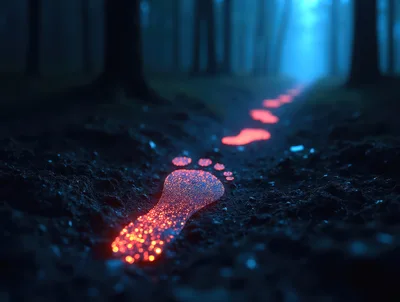 Glowing Footprints Leading Through A Dark Misty Forest