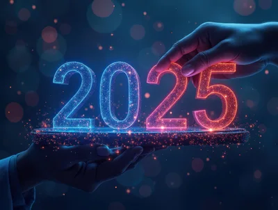 Hands Holding Glowing 2025 New Year Numbers