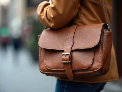 Person Wearing A Stylish Brown Leather Messenger Bag