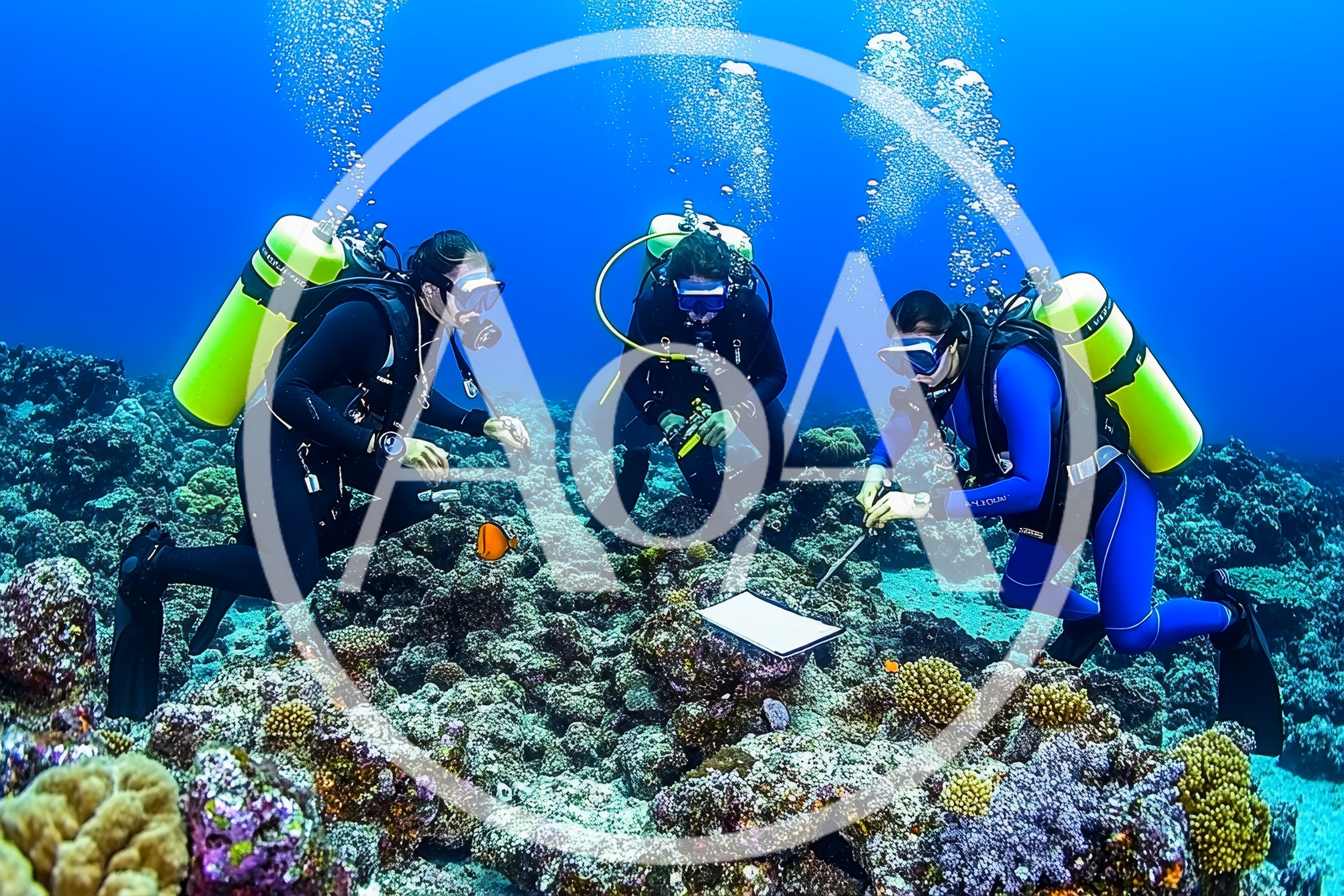 Scuba Divers Conducting Marine Research on Coral Reef