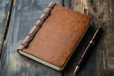 Leather Journal And Fountain Pen On Rustic Wooden Table