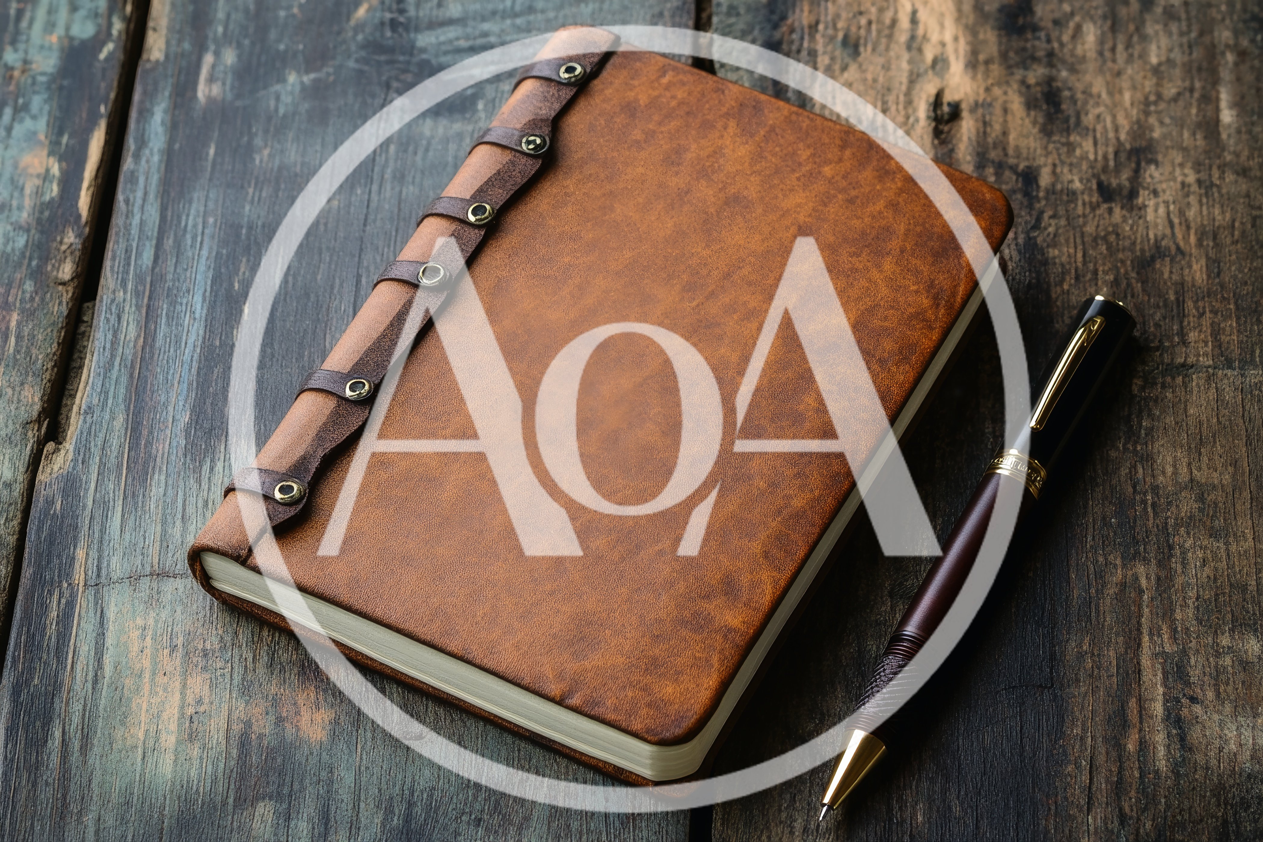 Leather Journal And Fountain Pen On Rustic Wooden Table